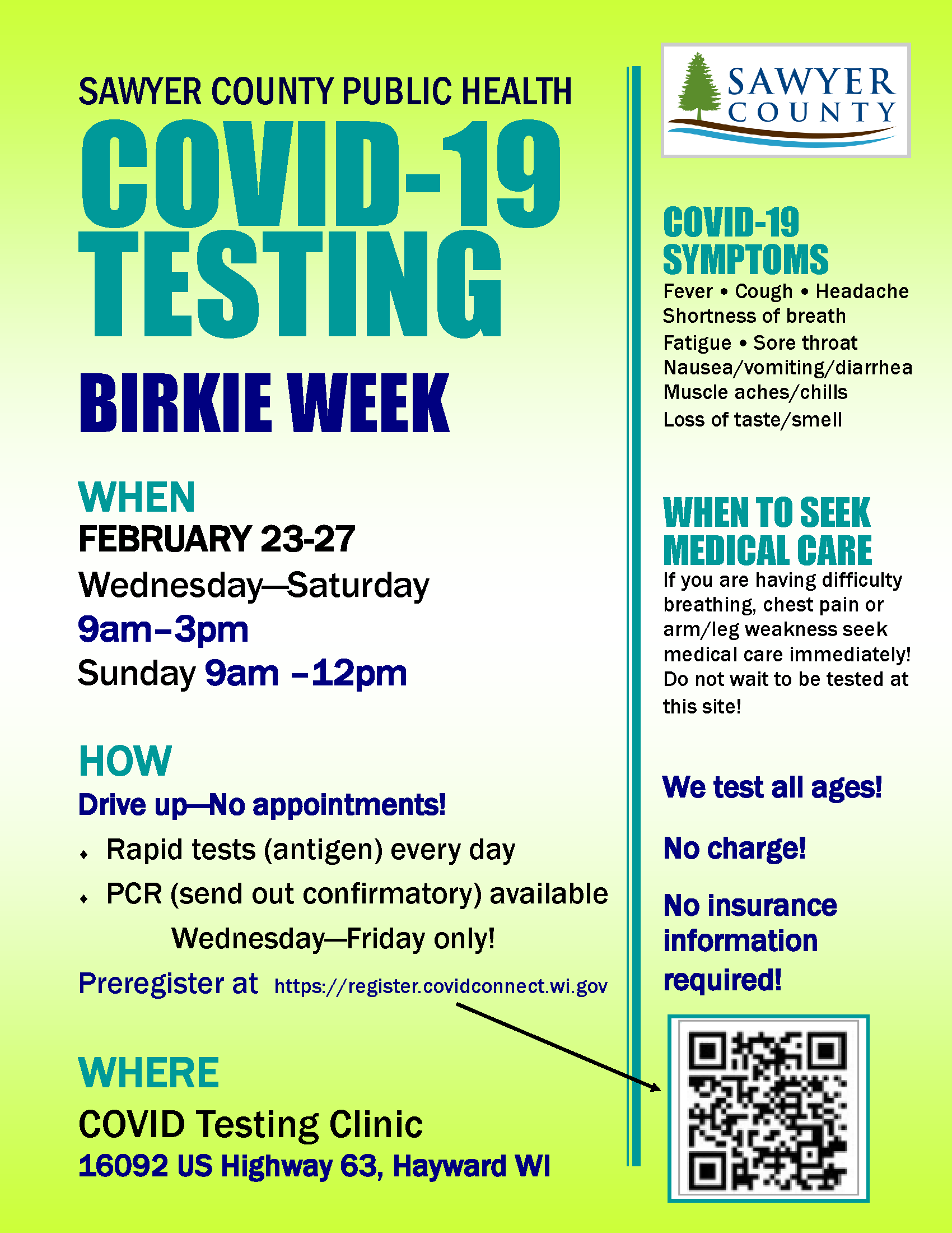 Sawyer County Public Health Covid-19 Testing - Birkie Week Feb 23-27 - Preregister Here - 16092 US Highway 63, Hayward WI